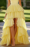 Yellow Corset Long Prom Dress with Appliques Ruffles