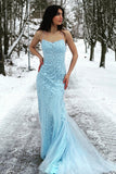 Mermaid Spaghetti Straps Blue Long Prom Dress with Criss Cross Back
