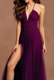 Dark Purple A Line Spaghetti Straps Long Prom Dress With Slit