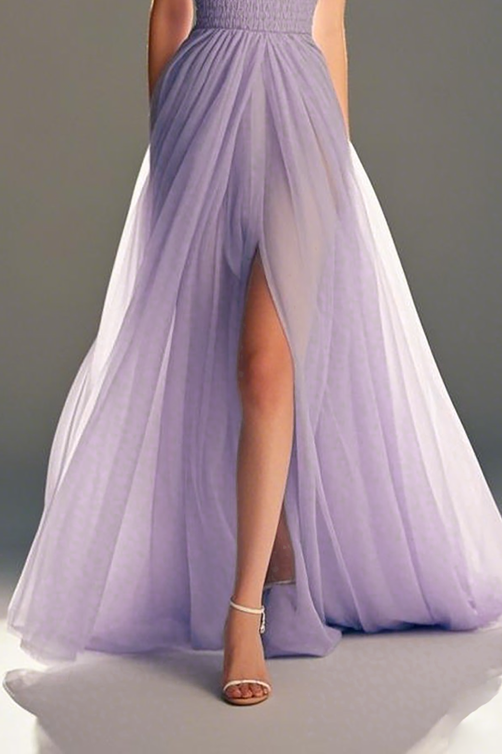 Pastel Purple A-Line Lace Strapless Pleated Full-Length Prom Dress With Slit