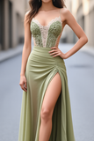 Green Mermaid Spaghetti Straps Appliques Prom Dress with Slit