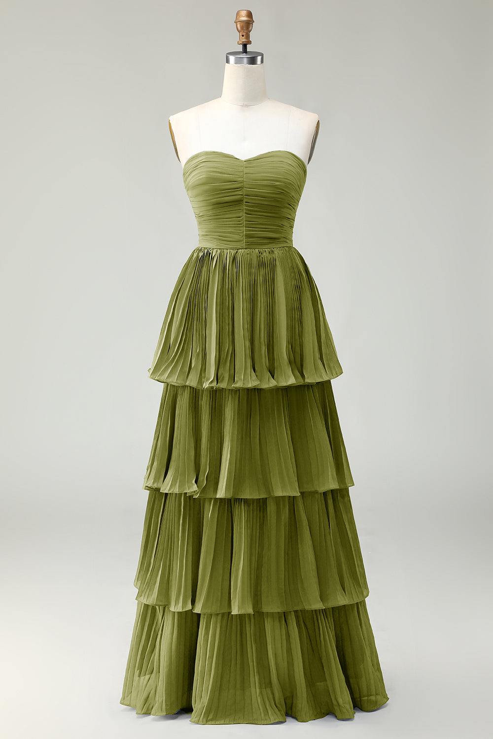 Dusty Blue A-Line Strapless Pleated Tiered Long Bridesmaid Dress