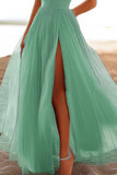 Light Green A-line Strapless Pleated Dress With Slit