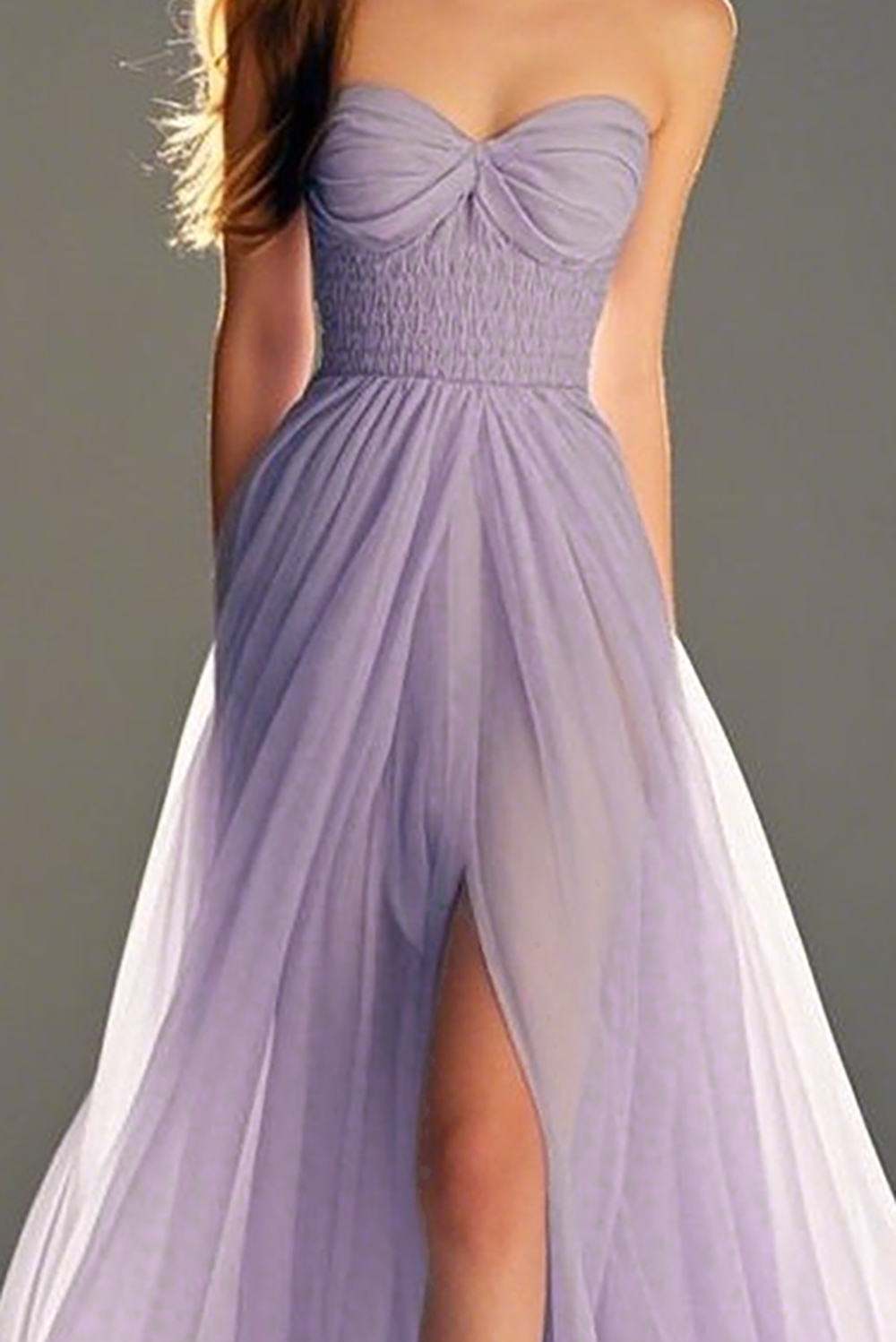 Pastel Purple A-Line Lace Strapless Pleated Full-Length Prom Dress With Slit