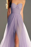 Pastel Purple A-Line Lace Strapless Pleated Full-Length Prom Dress With Slit