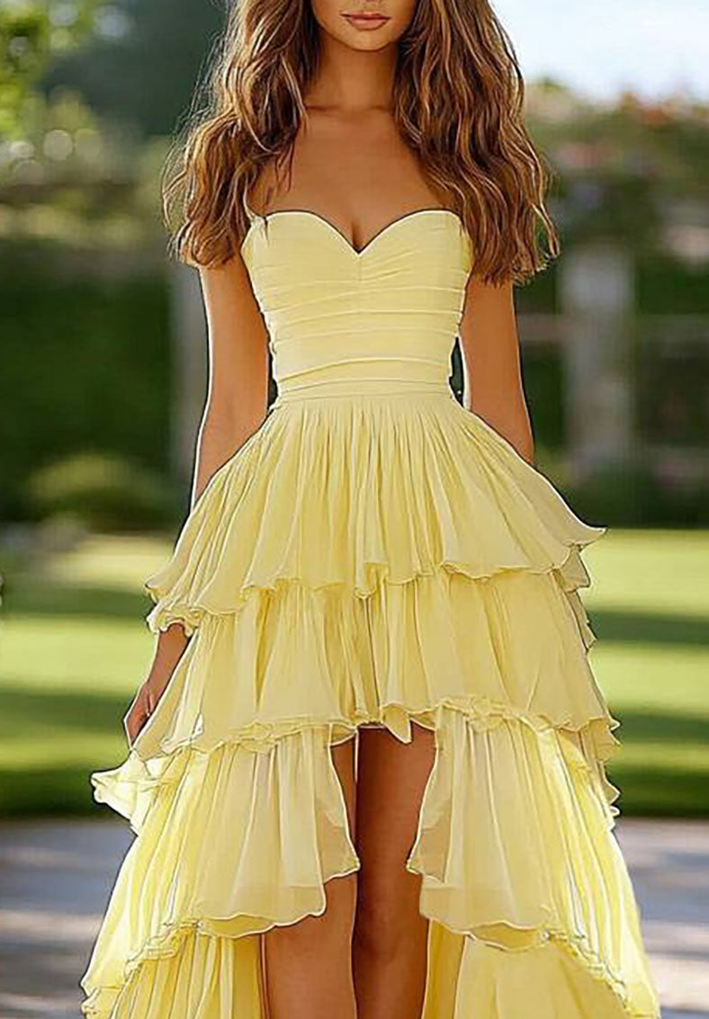 Yellow Corset Long Prom Dress with Appliques Ruffles