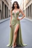 Green Mermaid Spaghetti Straps Appliques Prom Dress with Slit