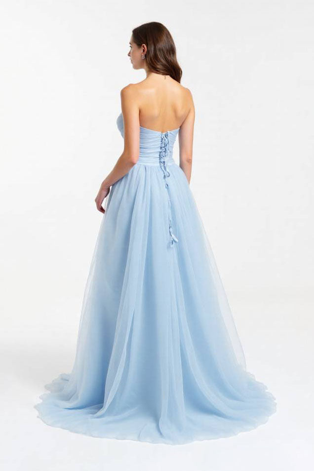 A line Light Blue Sweetheart Pleated Strapless Long Prom Dress