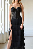 Black Corset A Line Spaghetti Straps Fringe Prom Dress With Slit