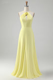 Yellow A Line Halter Cut Out Long Bridesmaid Dress with Flower