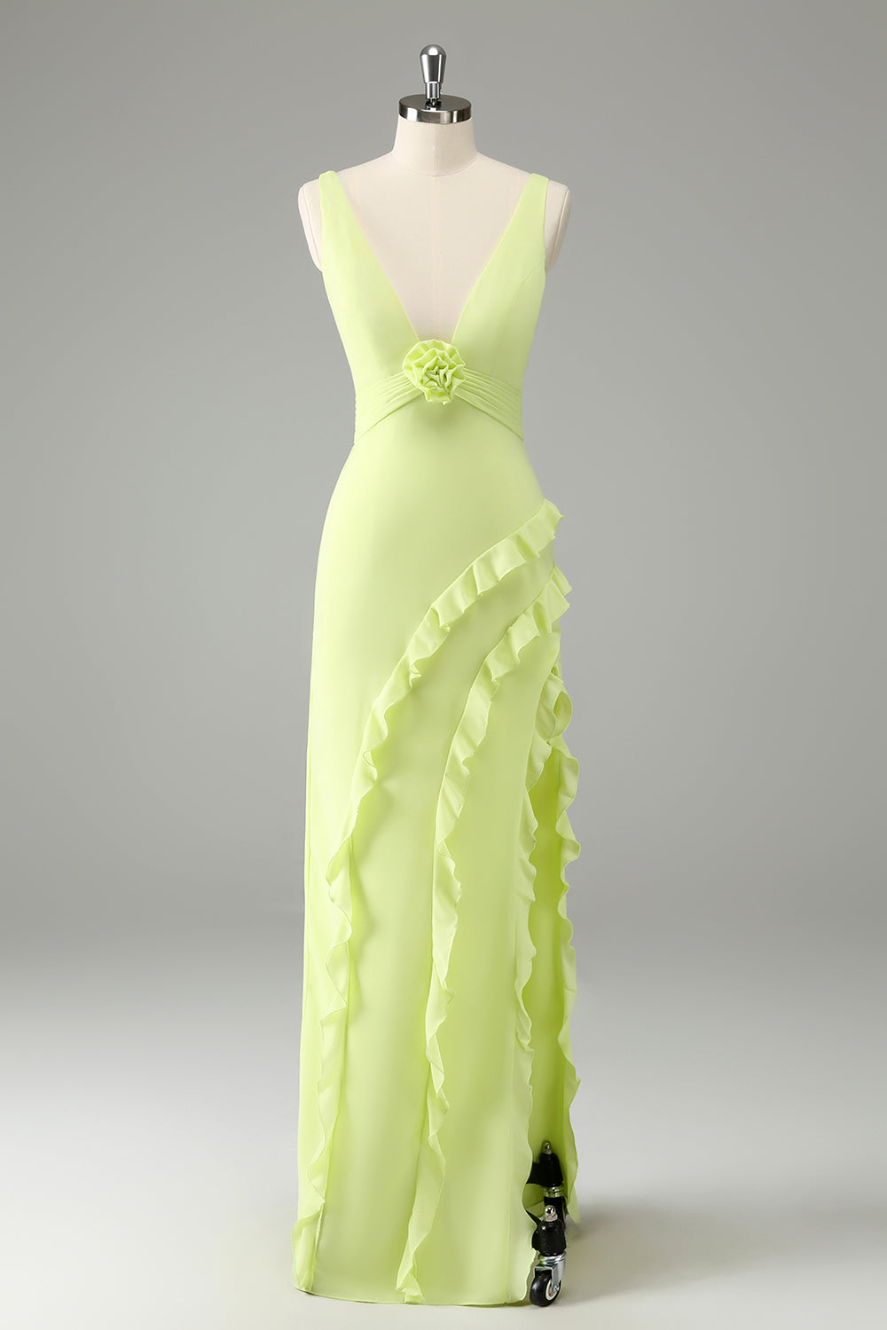 Lemon Deep V Neck Ruffles Wedding Guest Dress with Slit