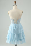 Light Blue A Line Sweetheart Tiered Short Homecoming Dress with Appliques