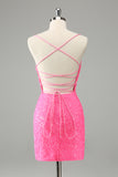 Glitter Hot Pink Tight Spaghetti Straps Sequins Short Homecoming Dress