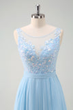 Sparkly Sky Blue Bateau Neck Pleated Long Bridesmaid Dress