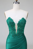 Dark Green Tight Deep V Neck Satin Strapless Short Homecoming Dress with Appliques