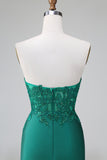 Dark Green Tight Deep V Neck Satin Strapless Short Homecoming Dress with Appliques