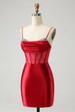 Glitter Dark Red Beaded Corset Satin Unique Tight Short Homecoming Dress