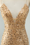 Unique Sparkly Golden Tight Spaghetti Strap Short Homecoming Dress with Sequins