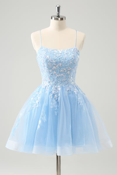 Zapaka Women Cute Glitter Blue Short Homecoming Dress with Appliques A Line Sequins Cocktail Party Dress, Blue / US24W