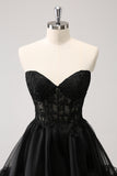 Cute Black A Line Corset Strapless Ruffled Short Homecoming Dress
