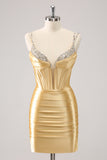 Golden Spaghetti Straps Bodycon Corset Homecoming Dress with Sequins