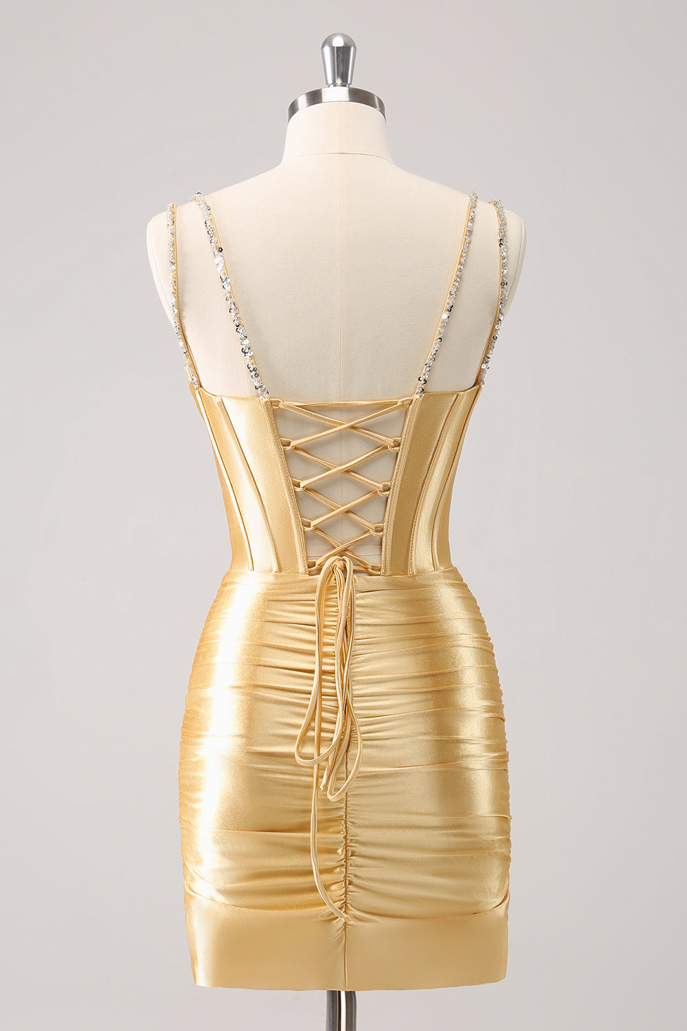 Golden Spaghetti Straps Bodycon Corset Homecoming Dress with Sequins