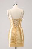 Golden Spaghetti Straps Bodycon Corset Homecoming Dress with Sequins