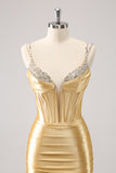 Golden Spaghetti Straps Bodycon Corset Homecoming Dress with Sequins