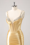 Golden Spaghetti Straps Bodycon Corset Homecoming Dress with Sequins