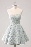 Grey Green Sweetheart A-Line Brocade Corset Floral Mini Homecoming Dress