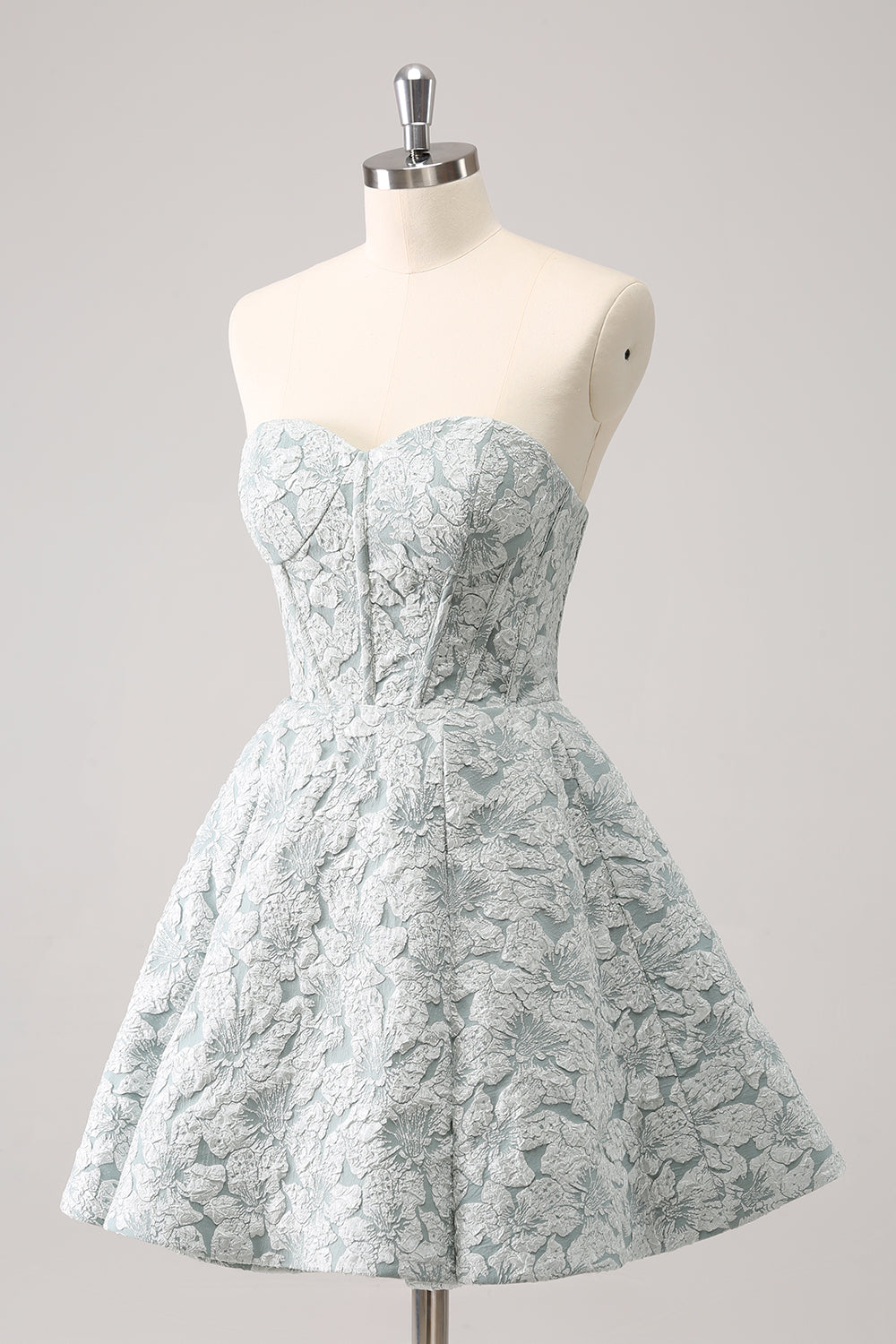 Grey Green Sweetheart A-Line Brocade Corset Floral Mini Homecoming Dress