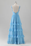 Blue A-Line V Neck Tiered Chiffon Long Bridesmaid Dress