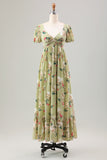 Green Flower A Line V Neck Tea Length Wedding Guest Dress with Short Sleeves