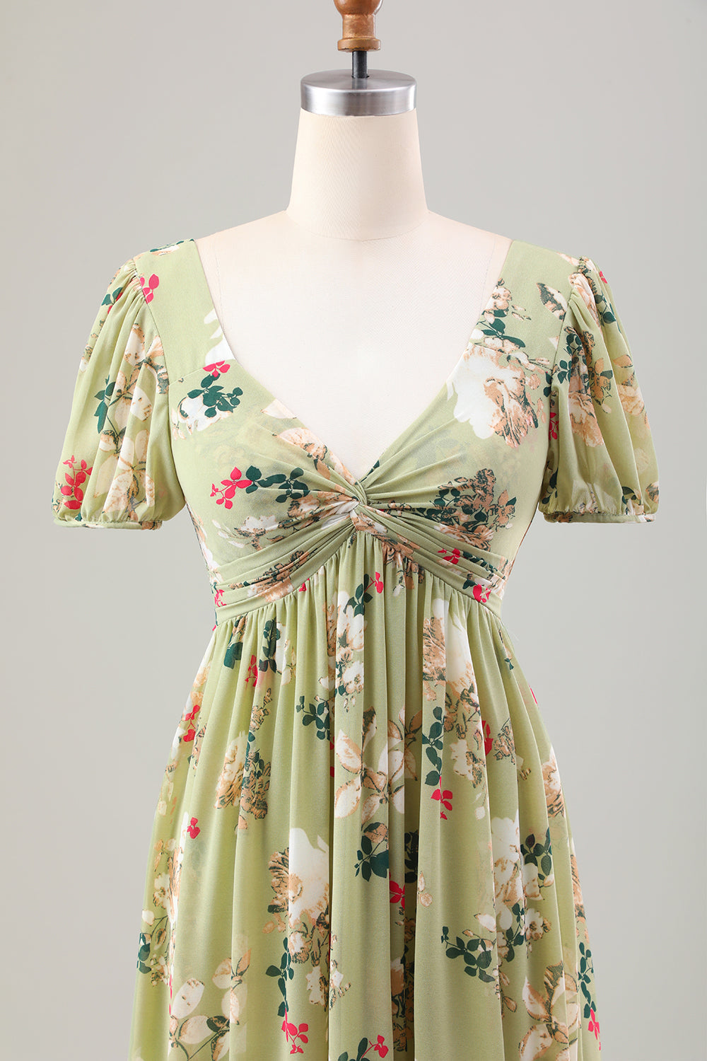 Green Flower A Line V Neck Tea Length Wedding Guest Dress with Short Sleeves
