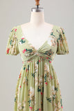 Green Flower A Line V Neck Tea Length Wedding Guest Dress with Short Sleeves