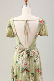 Green Flower A Line V Neck Tea Length Wedding Guest Dress with Short Sleeves