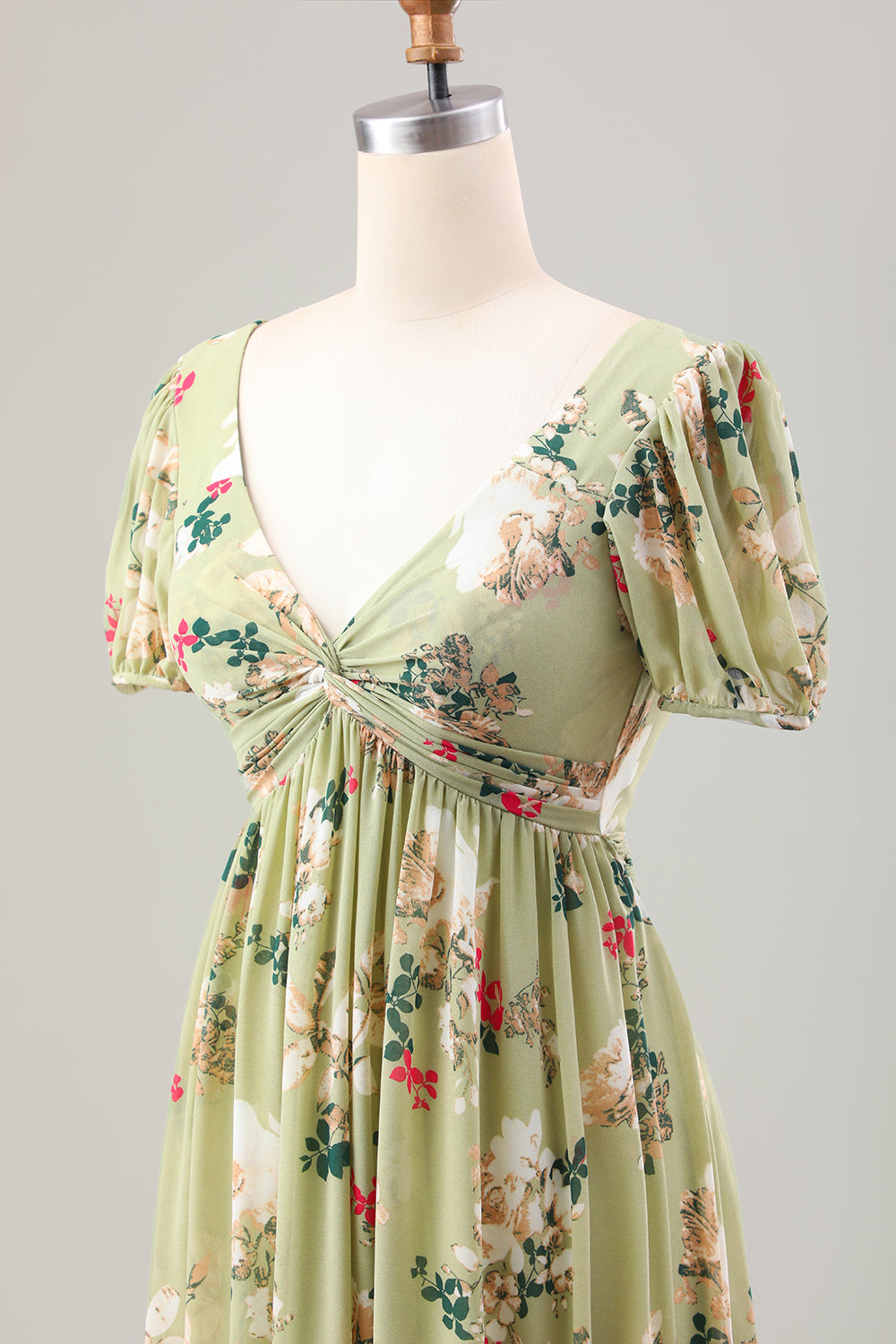 Green Flower A Line V Neck Tea Length Wedding Guest Dress with Short Sleeves