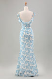 White Blue Flower Mermaid Print Maxi Wedding Party Guest Dress with Slit