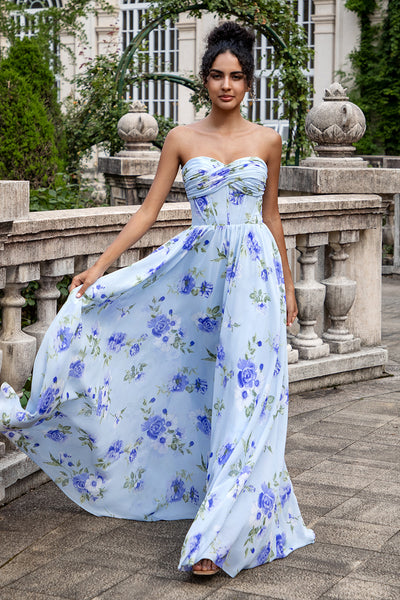 Zapaka Women Blue Floral Maxi Dress A Line Sweetheart Strapless Pleated Wedding Guest Dress, Blue Floral / US4