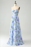 Blue Floral A Line Sweetheart Strapless Pleated Long Wedding Guest Dress
