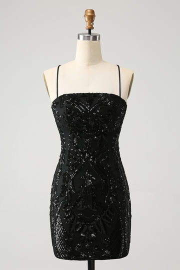 Chic Glitter Black Spaghetti Straps Tight Homecoming Dress with Sequins