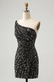 Glitter Black One Shouder Tight Short Homecoming Dress with Beading