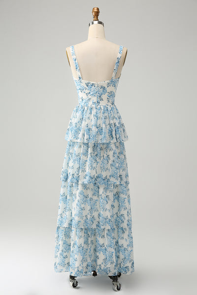 トリートユアセルフFloral vintage like dress Zapaka Women Floral Wedding Guest Dress White Blue Corset