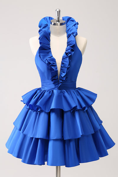 blue dress with ruffles at the bottom Zapaka Women Royal Homecoming Halter Tiered A-Line Backless Short Party Dress, Royal Blue / US18W Black Solid Wood Dresser Asymmetrical Black Shift Dress US Size:8 airy feel