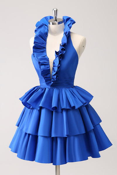 blue dress with ruffles at the bottom Zapaka Women Royal Blue Homecoming Dress Halter Ruffles Tiered A-Line Backless Short Party Dress, Red / US16