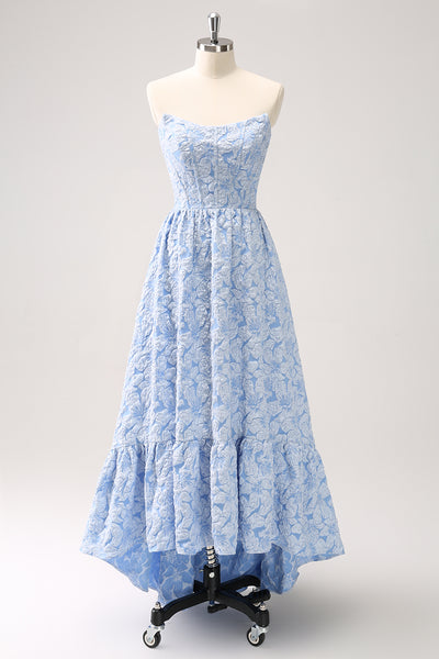 Zapaka Women Blue Floral Strapless A-Line High Low