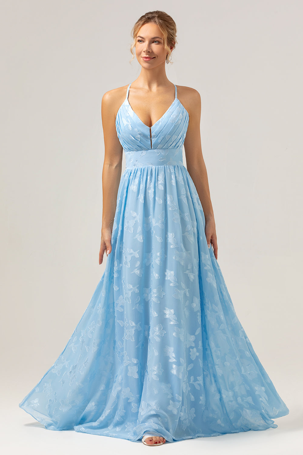 Sparkly Light Blue V-Neck Pleated Bridesmaid Dress with Embroidery