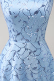 Sparkly Blue Spaghetti Straps Sequins Lace Up Back Prom Dress with Slit