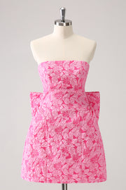 Fuchsia A Line Floral Strapless Brocade Short Homecoming Dress with Back Giant Bow
