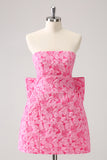 Fuchsia A Line Floral Strapless Brocade Short Homecoming Dress with Back Giant Bow
